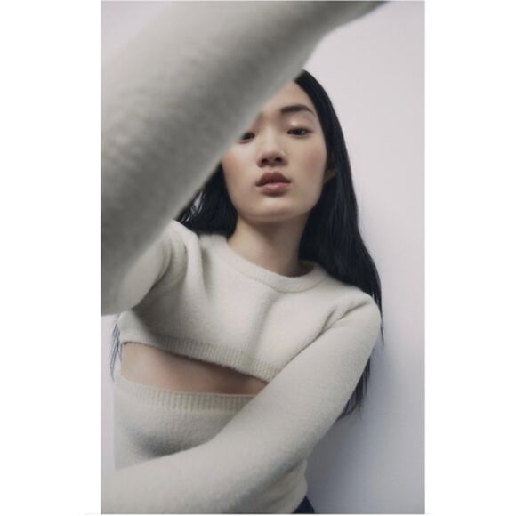 ZARA Small Ivory 2 Piece Knit Arm Warmer Shrug Sweater + Tube Top Stretchy - Picture 3 of 9